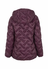 Lila fäst jacka med huva och geometrisk sömnadsdesign, visas från baksidan mot en vit bakgrund.