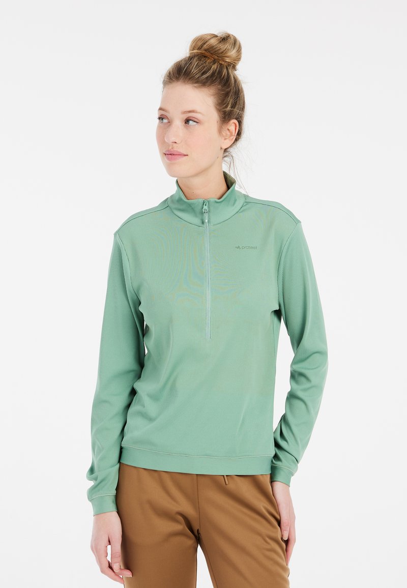Hellgrüner, langärmeliger Quarter-Zip-Pullover aus geripptem Stoff mit hohem Kragen und enganliegendem Design. Keine sichtbaren Muster oder Hardwaredetails.
