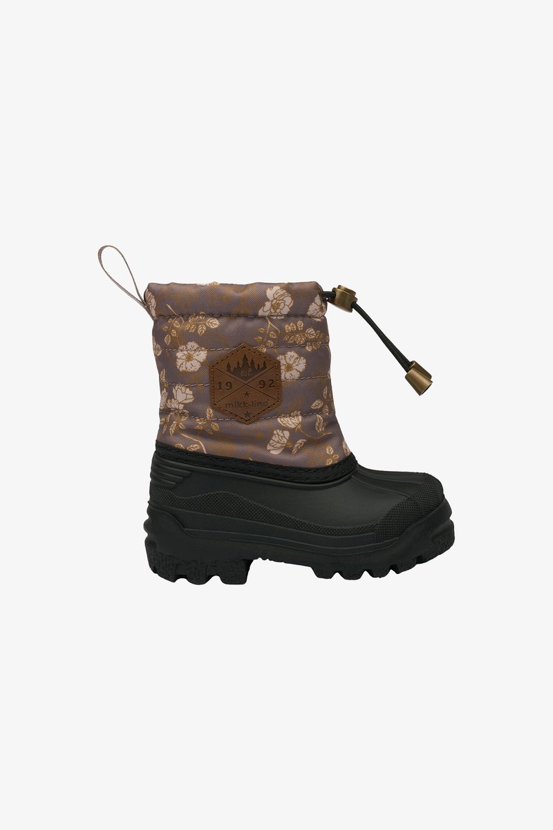 Black rubber boot with a floral-patterned textile upper, drawstring closure, and a textured sole for grip. Features a brown leather badge.