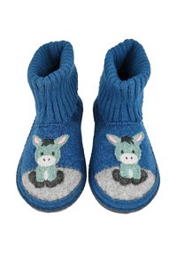 Blauwe vilten pantoffels met een geribde boord. Voorzien van een ezelontwerp in groen en grijs bij het teenstuk, met geborduurde details en een gestructureerde afwerking.