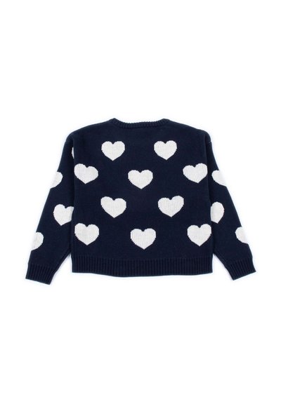 Maglione blu navy con motivi a cuore bianchi. Tessuto lavorato a maglia, colletto rotondo, maniche lunghe, polsini e orlo a costine. Texture morbida, vestibilità comoda.