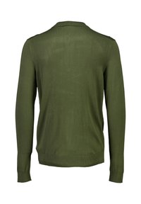 Maglione lavorato a maglia in verde oliva, con maniche lunghe e colletto girocollo. Texture liscia con polsini e orlo leggermente a coste.