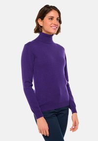 Pull à col roulé violet en maille douce. Design ajusté avec des manches longues et un col côtelé. Texture lisse sur l'ensemble.