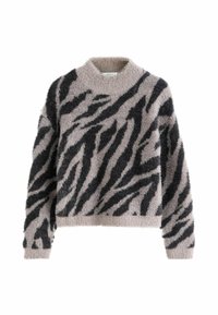 Soft, fuzzy sweater with a crew neck, featuring a tan base and black tiger stripe pattern. Long sleeves and relaxed fit.