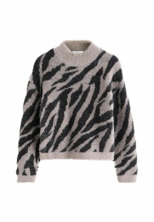 Weicher, flauschiger Pullover mit Rundhalsausschnitt, in beige mit schwarz-gestreiftem Tiger-Muster. Lange Ärmel und entspannte Passform.