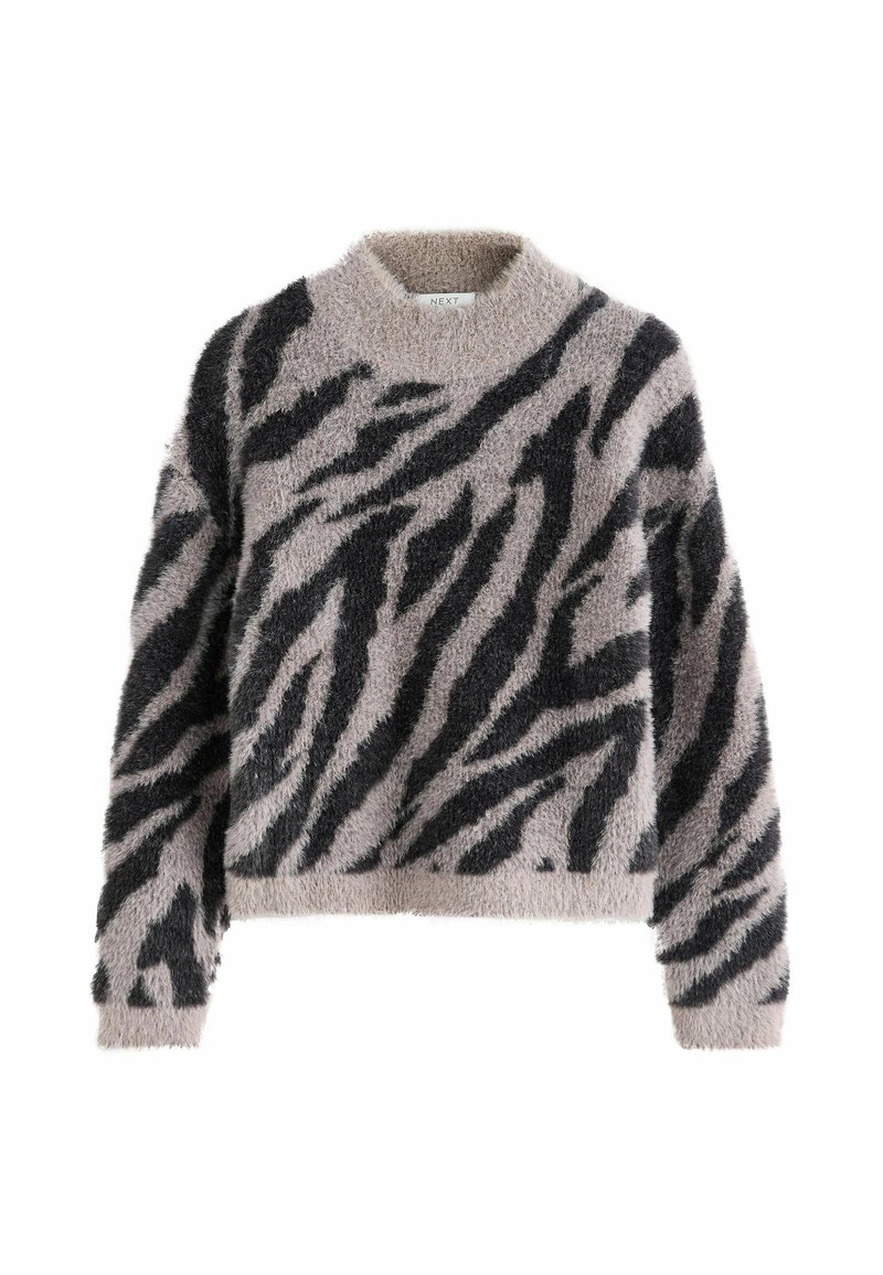 Soft, fuzzy sweater with a crew neck, featuring a tan base and black tiger stripe pattern. Long sleeves and relaxed fit.
