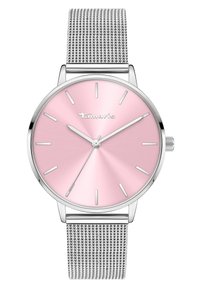 Rund sølvur med en pink metalur, sølv time markører og en sølv mesh rem. Har et minimalistisk design og enkle visere.