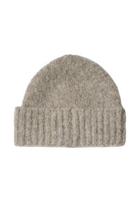 Szary wełniany czapka beanie, z teksturowanym ściągaczem i zaokrąglonym wierzchem. Miękka powierzchnia o lekko puszystym wyglądzie.