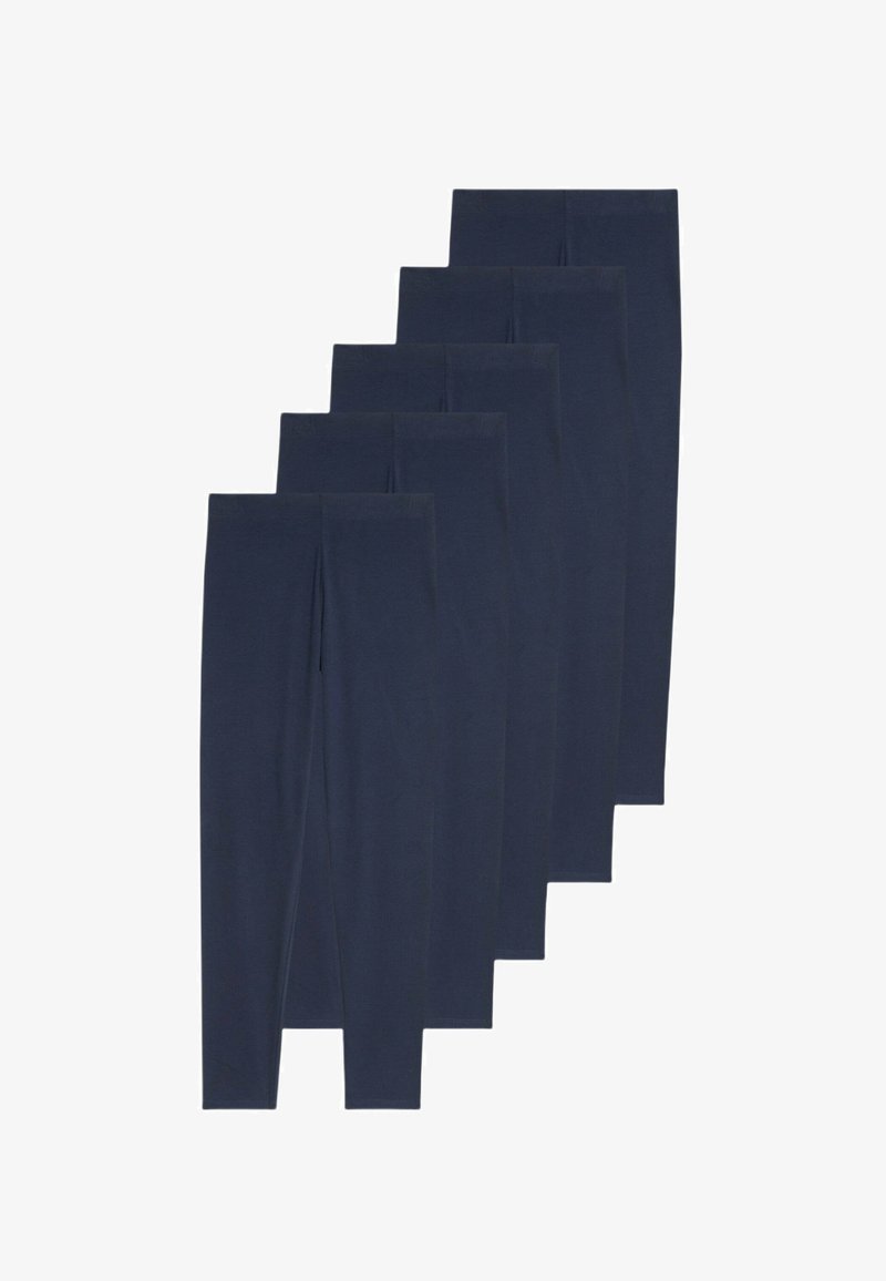 Zes paar donkerblauwe leggings van rekbaar katoen, met een gladde textuur en een elastische tailleband voor comfort.
