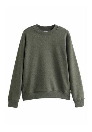 Sweatshirt vert olive avec un col rond, des manches longues et des poignets et un ourlet côtelés. Fabriqué dans un tissu doux et texturé. Design simple.