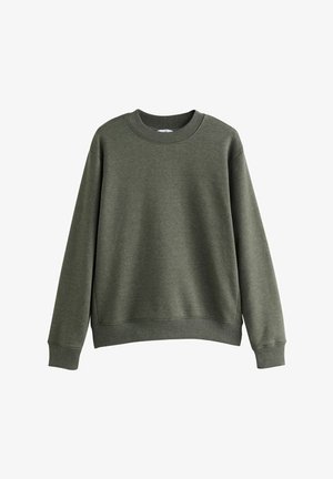 Sweatshirt vert olive avec un col rond, des manches longues et des poignets et un ourlet côtelés. Fabriqué dans un tissu doux et texturé. Design simple.