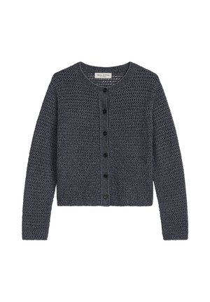 Cardigan grigio scuro in maglia con maniche lunghe, scollo rotondo, davanti con bottoni e motivo a trama aperta testurizzata.