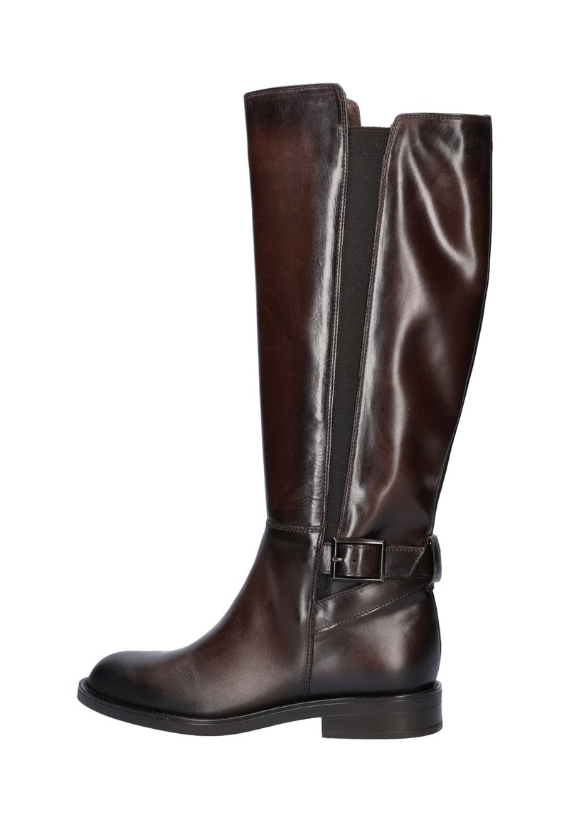 Brown leather knee-high boots with a sleek design, elastic side panel, and a buckle detail on the ankle. Flat sole and rounded toe.