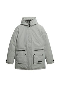 Jasnoszara ocieplana kurtka z kapturem, z czarnymi akcentami zamka, dwoma przednimi kieszeniami i prostym krojem.