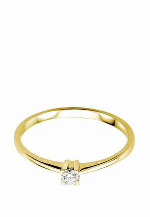 Goldring mit einem kleinen runden Diamanten, der in einer minimalistischen Vierkantfassung sitzt, mit einem glatten, polierten Band und einem eleganten Design.