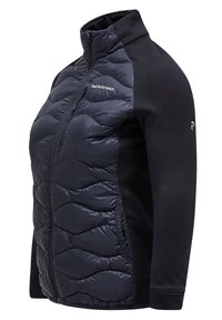 Padded schwarze Jacke mit Reißverschluss auf der Vorderseite, die ein gestepptes Design auf der Vorderseite und dehnbare Stoffseiten aufweist. Hoher Kragen und Logodetail.