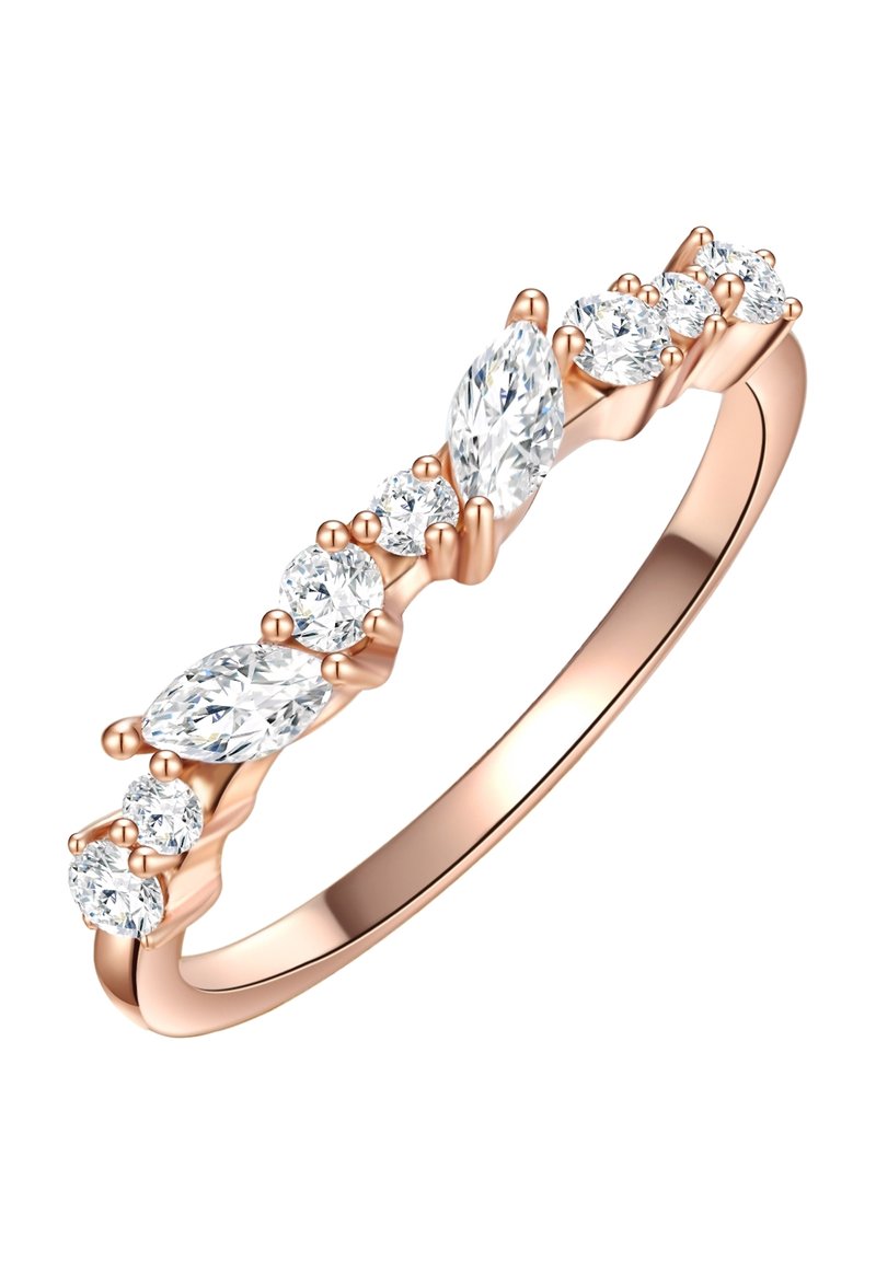 Prsten u boji ružičastog zlata s izmjeničnim marquise i okruglim prozirnim dragim kamenjem, poliranom trakom i teksturiranim postoljem za kamenje.