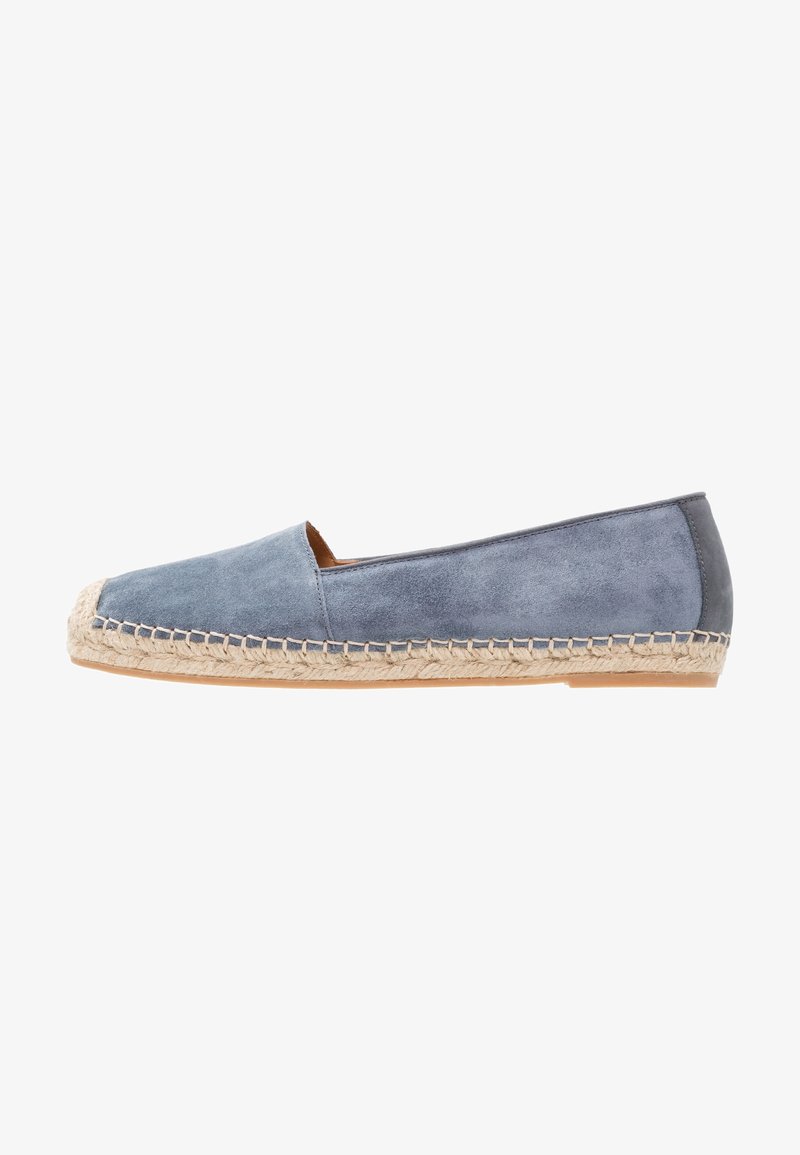 Espadrille plate en daim bleu clair avec semelle en jute tressée et bout fermé, vue de côté sur fond blanc.