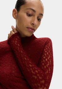 Maglia a collo alto in pizzo rosso con intricate trame testurizzate, maniche lunghe e dettagli trasparenti lungo le maniche e il collo.
