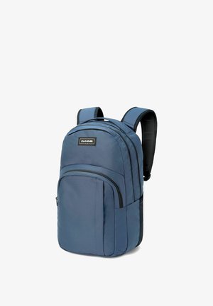 Blue fabric backpack with padded straps, zippered main compartment, front pocket, and black hardware accents. Durable and structured design.