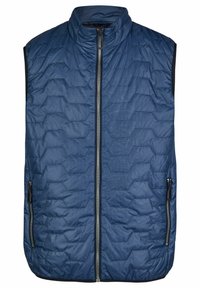 Marineblau gesteppte Weste mit hohem Kragen, zwei Reißverschluss-Seitentaschen und silbernem Frontreißverschluss. Verfügt über ein Sechseckmuster und eine glatte Textur.