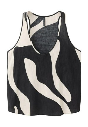 Crni i bijeli top bez rukava s apstraktnim valovitim uzorkom i dekolteom u obliku zdjele, lagana teksturirana tkanina.