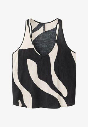Crni i bijeli top bez rukava s apstraktnim valovitim uzorkom i dekolteom u obliku zdjele, lagana teksturirana tkanina.