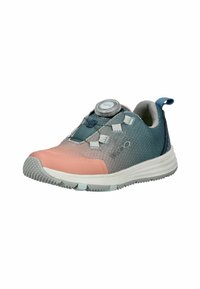Leichtgewichtiger Sportschuh mit Obermaterial aus pinkem, grauem und türkisfarbigem Verlaufsmaterial, verstellbarem Schnürsystem und profiliertem Gummiaußensohle.