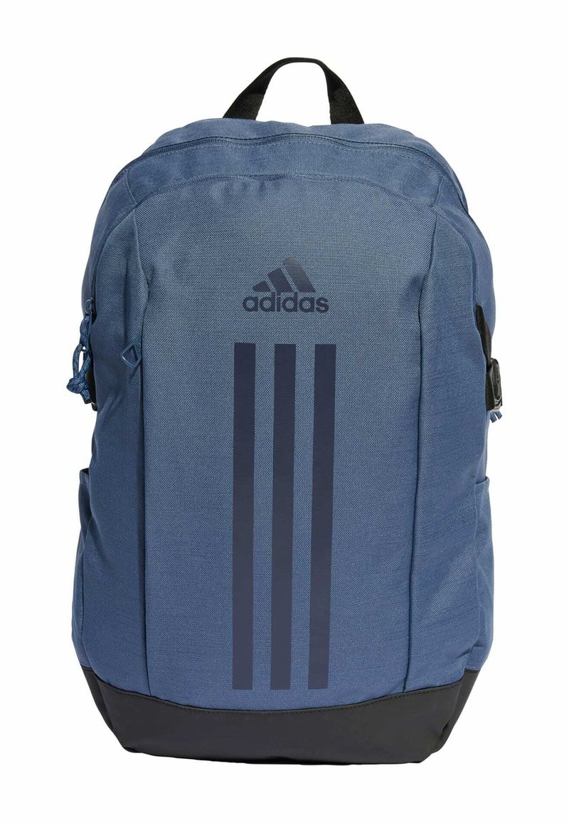 Blue fabric backpack with black bottom, featuring a zippered closure and Adidas logo with three vertical stripes. Durable, textured material.