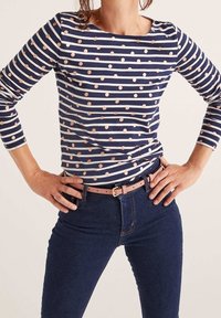 Marinblå och vit randig långärmad tröja med metalliska prickar; kombinerad med mörkblå jeans och ett ljust rosa bälte som framhäver midjan.