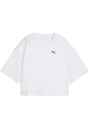 White cropped t-shirt made of cotton. Features a round neckline and loose short sleeves. Black Puma logo on the left chest.