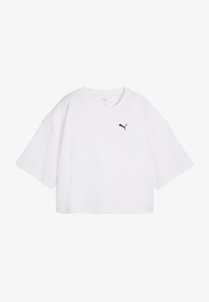 Camiseta blanca corta de algodón. Presenta un escote redondo y mangas cortas sueltas. Logo negro de Puma en el lado izquierdo del pecho.