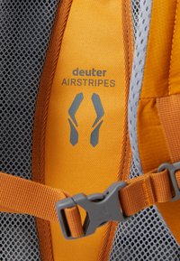 Orange and gray backpack section featuring mesh fabric, a sturdy buckle, and "deuter AIRSTRIPES" branding with a graphic design element.