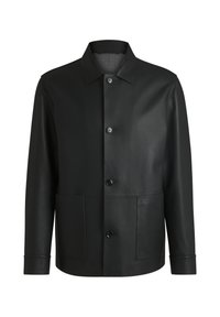 Black leather jacket with a collared neckline, button front, two large pockets, and smooth texture. Simple design with minimal hardware.