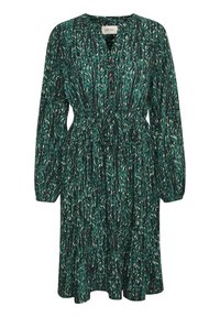 Rochie verde cu mânecă lungă, decorată cu un model organic de frunze alb-negru, cu închidere cu nasturi și talie elastică, având un fustă evazată.