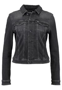 Czarna kurtka jeansowa z zapięciem na guziki z przodu, dwoma kieszeniami na piersi, długimi rękawami i lekko skróconym krojem. Posiada klasyczny kołnierz i widoczne przeszycia.