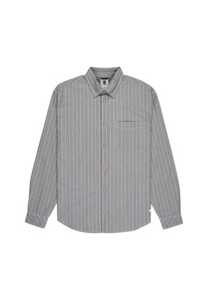 Gray and white striped long-sleeve shirt with a button-down collar, chest pocket, and gold buttons, made from a woven fabric.