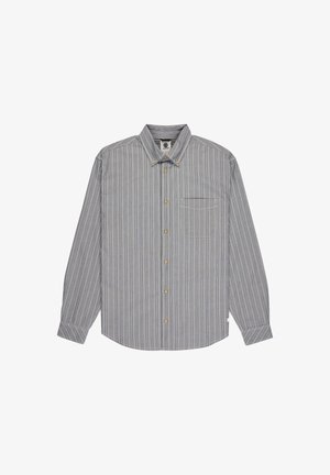 Gray and white striped long-sleeve shirt with a button-down collar, chest pocket, and gold buttons, made from a woven fabric.