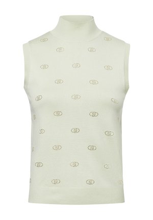 Suéter sin mangas de color verde claro con cuello alto; presenta un patrón texturizado de pequeños logotipos dorados espaciados uniformemente por toda la tela.