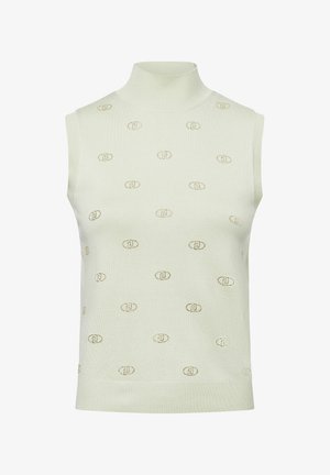 Suéter sin mangas de color verde claro con cuello alto; presenta un patrón texturizado de pequeños logotipos dorados espaciados uniformemente por toda la tela.
