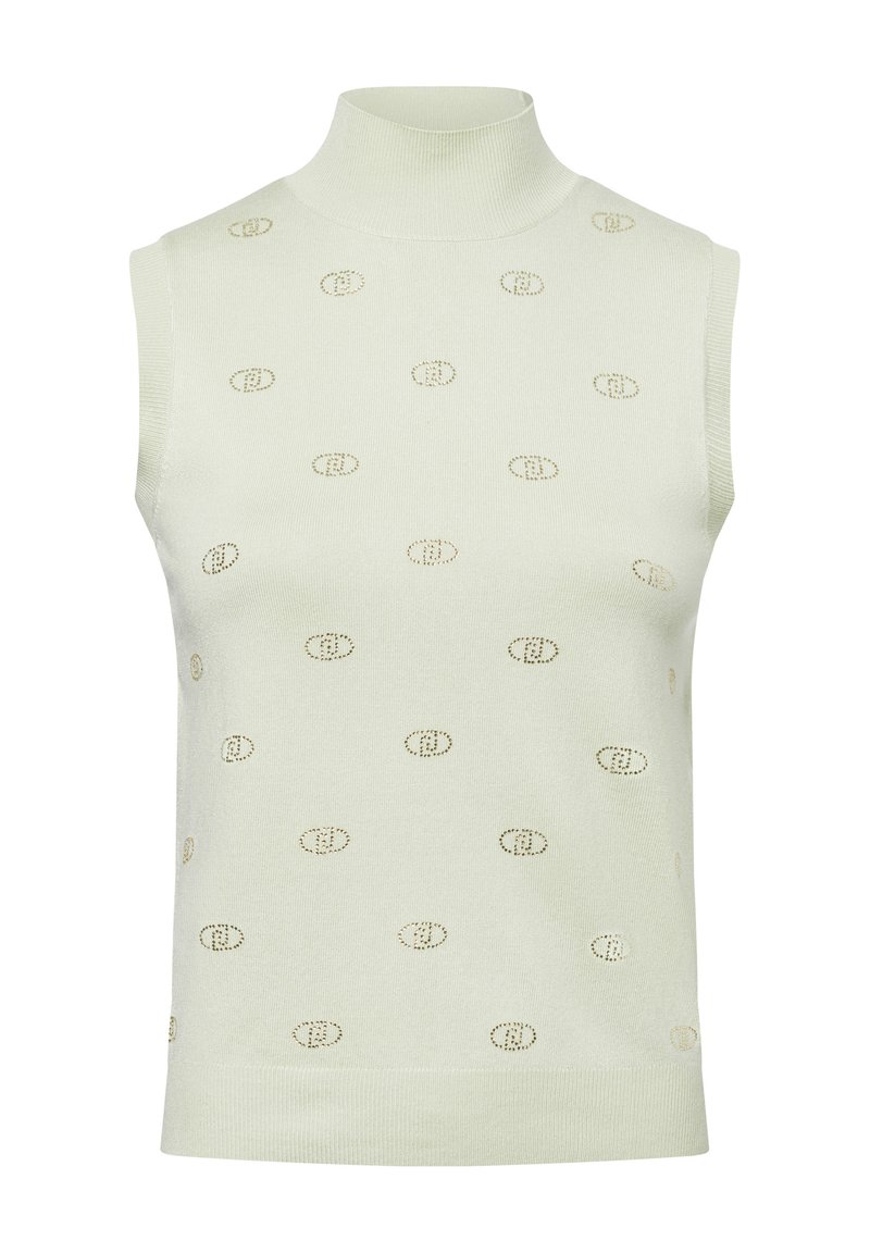 Suéter sin mangas de color verde claro con cuello alto; presenta un patrón texturizado de pequeños logotipos dorados espaciados uniformemente por toda la tela.