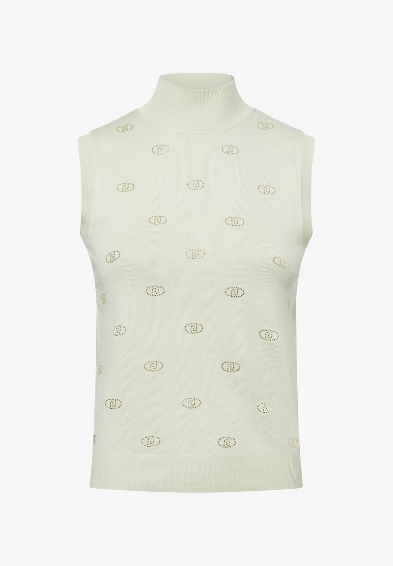 Suéter sin mangas de color verde claro con cuello alto; presenta un patrón texturizado de pequeños logotipos dorados espaciados uniformemente por toda la tela.