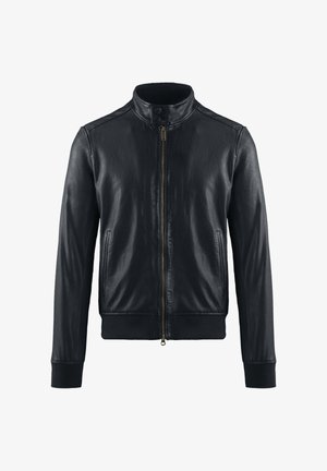 Black leather jacket with front zipper, snap-button collar, side pockets, and ribbed cuffs and hem against a white background.