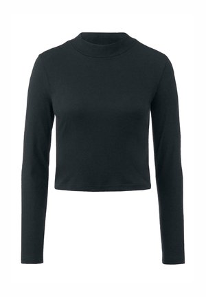 Zwart cropped lange mouw top met een hoge halslijn en glad, rekbaar materiaal. Eenvoudig ontwerp zonder patronen of accenten.