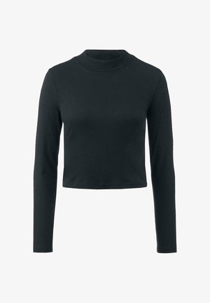 Zwart cropped lange mouw top met een hoge halslijn en glad, rekbaar materiaal. Eenvoudig ontwerp zonder patronen of accenten.