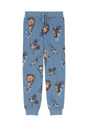 Kinderhängematten in Blau mit einem verspielten Tierdruck, der eine Maus, einen Tiger und ein Nashorn zeigt, mit Rippbündchen und einem Kordelzugbund.