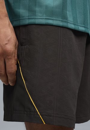 Primer plano de la mano de una persona descansando junto a unos pantalones cortos negros con sutiles patrones geométricos y un ribete amarillo, vistiendo una camiseta azul verdosa.