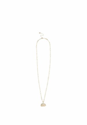 Delicate gold chain necklace with rectangular links and a small, rounded abstract pendant hanging at the center.