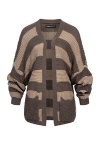 Strikket cardigan i jordfarger som brun og beige. Har løse ermer, en åpen front og to lommer foran. Teksturert stoff med mønstre.