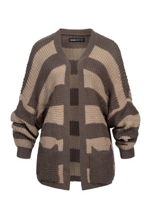 Pletený kardigan v zemitém odstínu hnědé a béžové. Má volné rukávy, otevřený přední díl a dvě přední kapsy. Texturovaná tkanina s vzory.